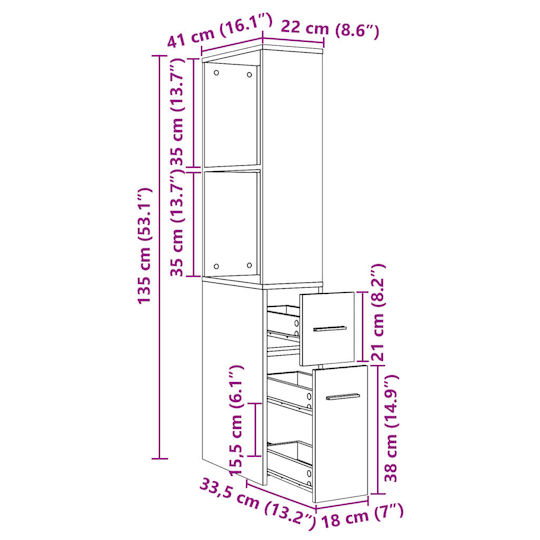 vidaXL Στήλη Μπάνιου Τοίχου Μ22xΒ41xΥ135cm Δρυς