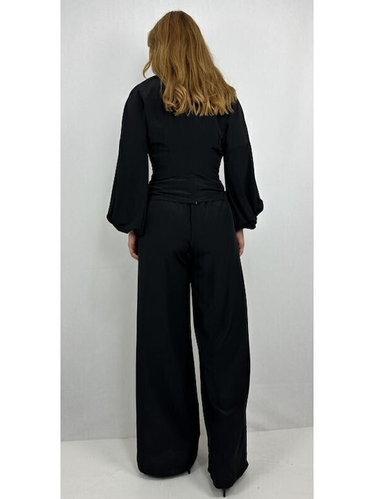 Women's Blouse Long Sleeve with V Neckline Black