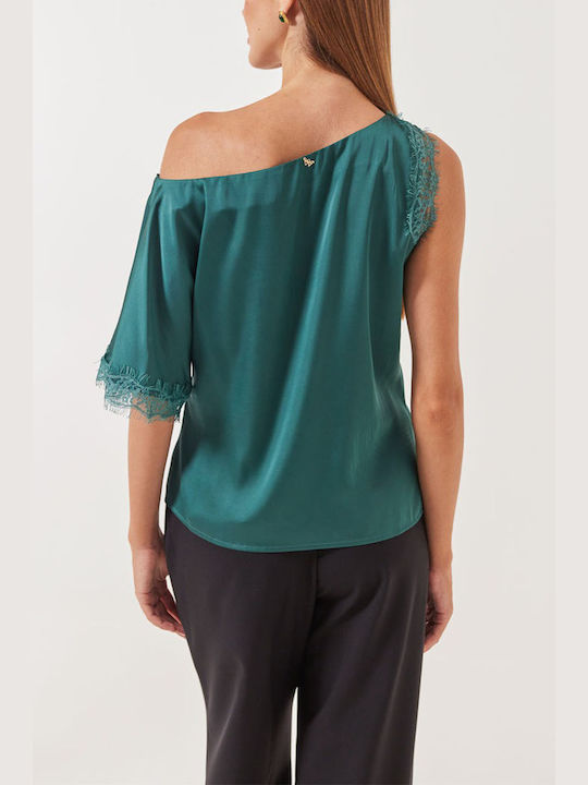 Enzzo Women's Blouse Satin with Lace Green