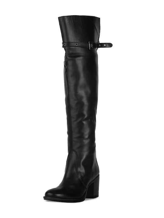 LAVORAZIONE ARTIGIANA Leather Over the Knee Medium Heel Women's Boots with Zipper Black