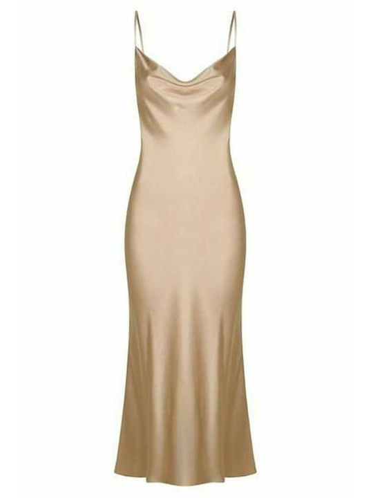 Maxi Evening Dress Satin Draped with Slit Beige