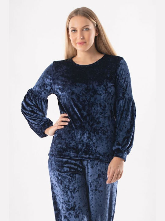 BelleFille Women's Blouse Velvet Navy Blue