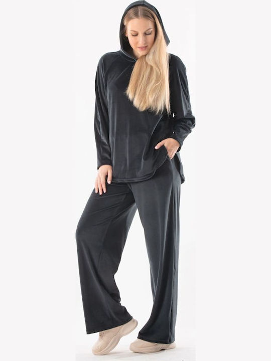 Damen Bluse Samt mit Kapuze Black
