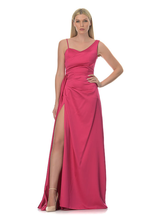 Farmaki Maxi Dress Satin with Slit Fuchsia