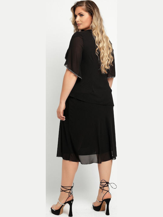 Midi Evening Dress with Ruffles Black