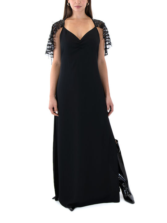 Dolce Domenica Maxi Evening Dress Strapless Open Back with Ruffle Black (Black)