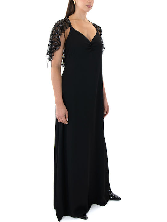Maxi Βραδινό Φόρεμα Εξώπλατο με Βολάν Μαυρο (black)