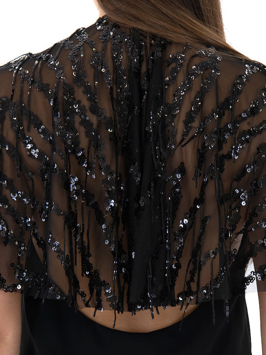 Maxi Βραδινό Φόρεμα Εξώπλατο με Βολάν Μαυρο (black)