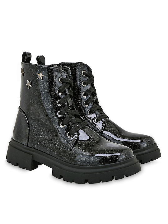 Exe Kids PU Leather Military Boots with Zipper Black