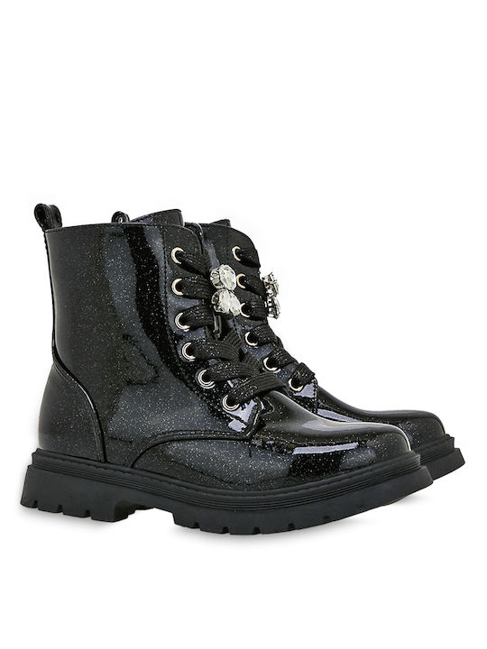 Exe Kids PU Leather Military Boots with Zipper Black