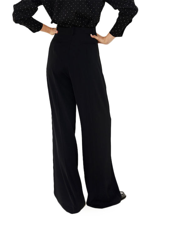 Dolce Domenica Women's High-waisted Crepe Trousers in Wide Line Black (Black)