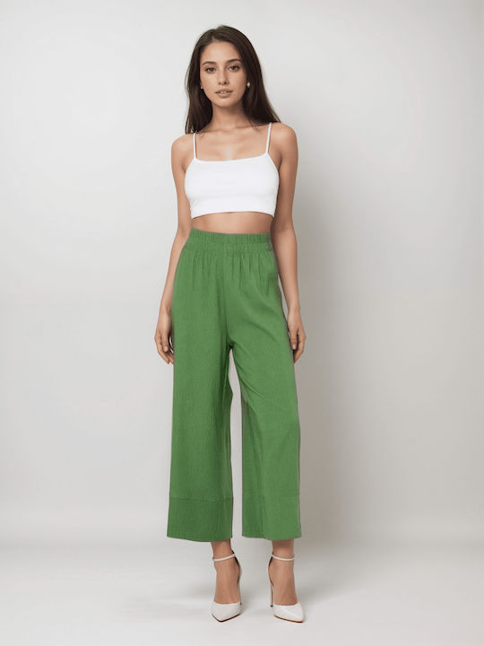 Women's High-waisted Fabric Trousers with Elastic Green