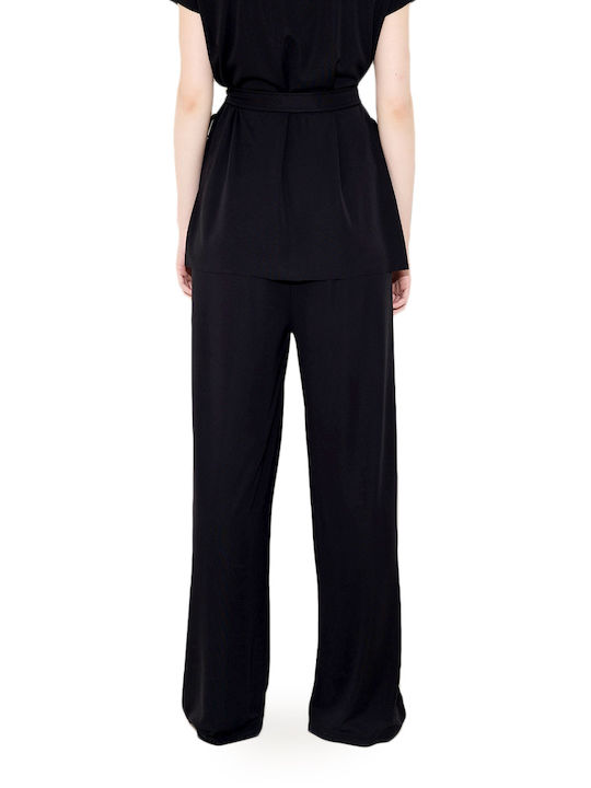 Dolce Domenica Women's High-waisted Fabric Trousers with Elastic in Wide Line Black (Black)