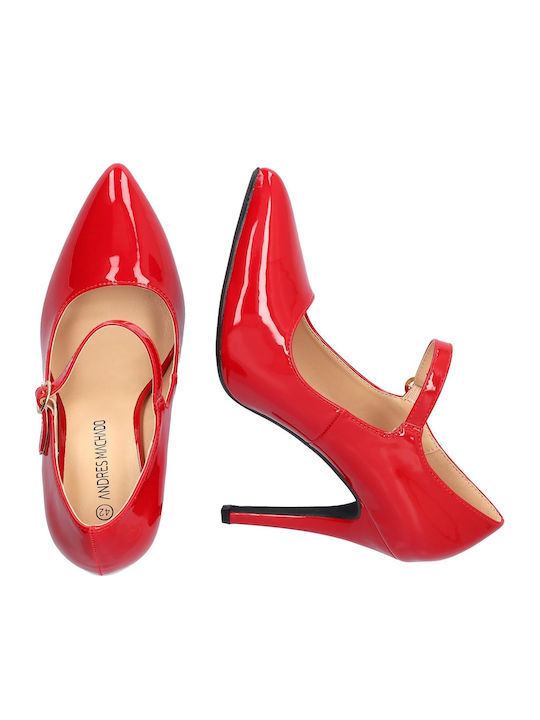 Leather Red High Heels with Strap