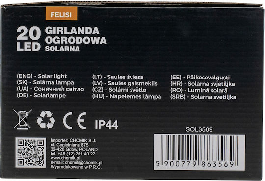 Led Fairy Light Garland Felisi Model 20 Bulbs 580cm Solar Powered Multicolor White Light