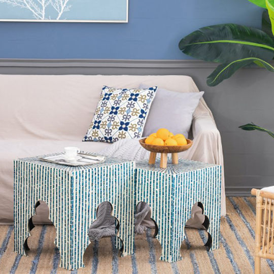 Square Side Table Ivory Wooden Blue M45xL45xH50.5cm
