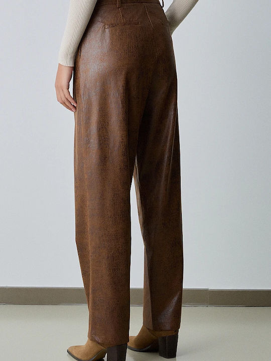 BSB Women's High-waisted Leather Trousers in Regular Fit Brown