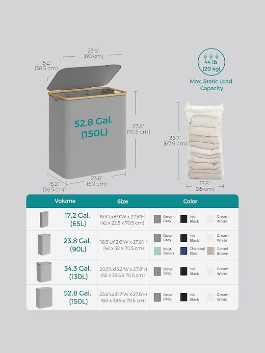 Songmics Σετ Καλάθια Απλύτων Υφασμάτινα 150lt με Καπάκι 60x38.5x70.5cm Γκρι