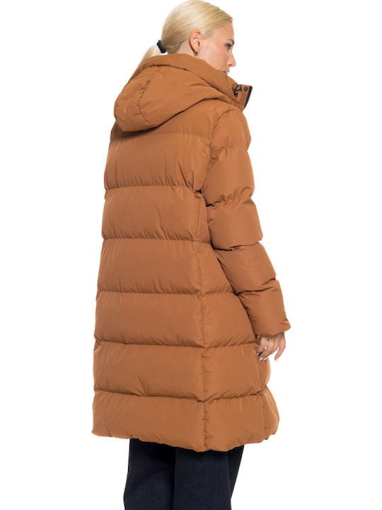Women's Long Lifestyle Jacket for Winter with Hood Camel