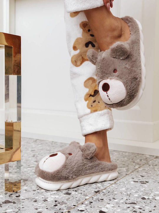 Grey Furry Bear Slippers