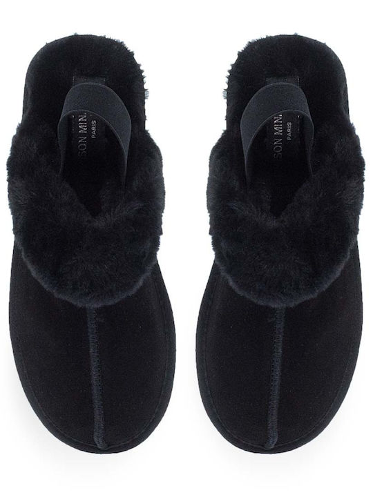 Parex Leather Winter Women's Slippers in Black color