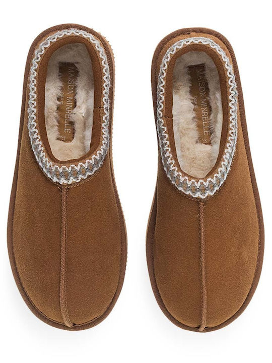 Parex Leather Winter Women's Slippers in Brown color