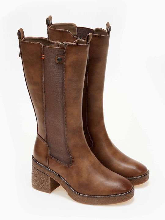 Synthetic Leather High Heel Women's Boots with Rubber Brown