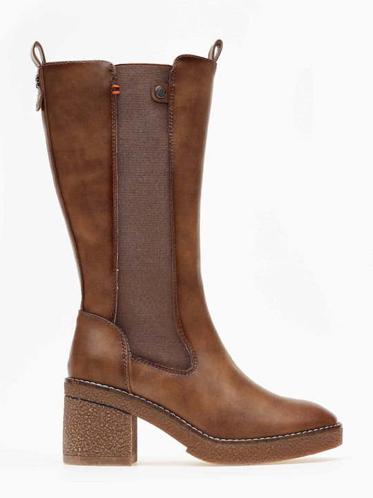Synthetic Leather High Heel Women's Boots with Rubber Brown