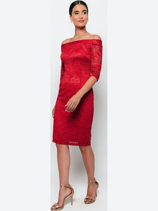 Midi Evening Dress with Lace Red