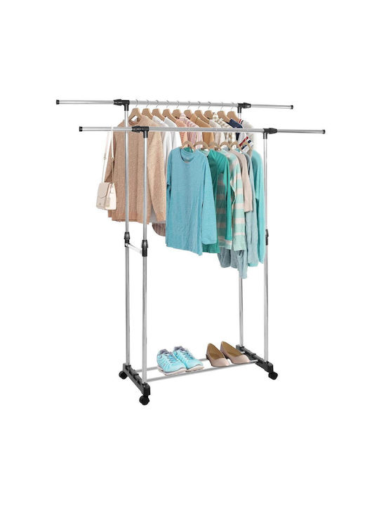 Wheeled Floor Garment Rack made of Metal Telescopic Silver 155x45x150cm