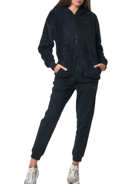 Body Action Women's Long Hooded Sherpa Cardigan Black