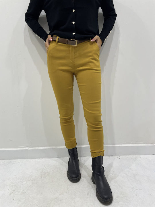 Sapidis Women's Leather Trousers with Elastic in Straight Line Mustard