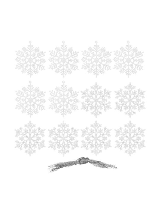 Hängendes Schneeflocke Ornament Kunststoff Weiß mit Glitzer Set 12Stück