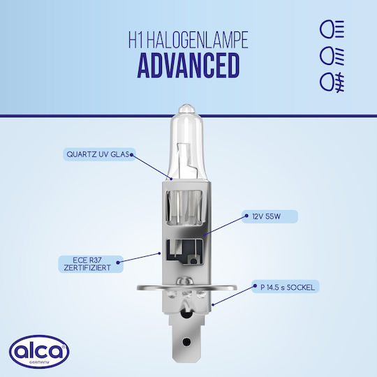 Alca Halogen Lamp H1 Vehicle Bulb Auto Light Source 12v 55w Base P14.5s