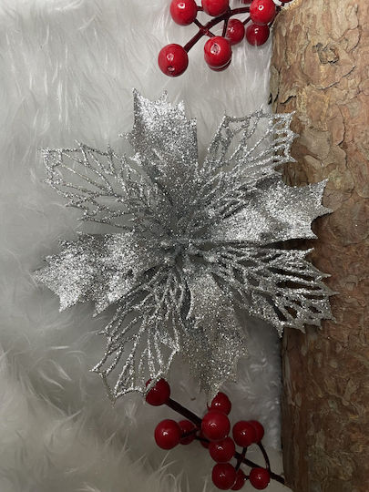 Hanging Ornament Flower Plastic Silver 16x14cm Set 10pcs
