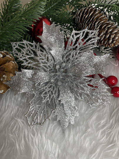 Hanging Ornament Flower Plastic Silver 16x14cm Set 10pcs