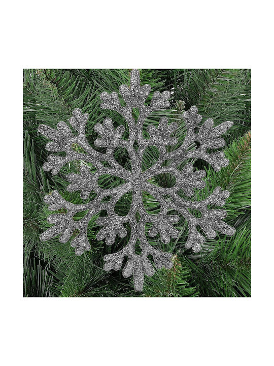 Hanging Snowflake Ornament Plastic Silver with Glitter 10cm Set 12pcs