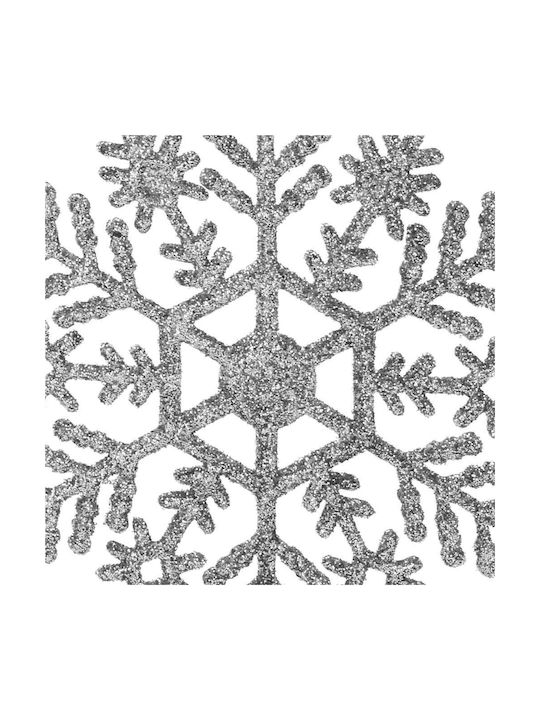 Hanging Snowflake Ornament Plastic Silver with Glitter 10cm Set 12pcs