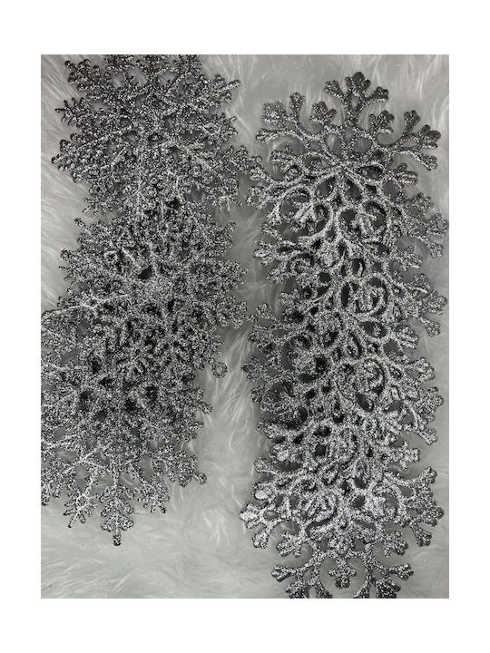 Hanging Snowflake Ornament Plastic Silver with Glitter 10cm Set 12pcs