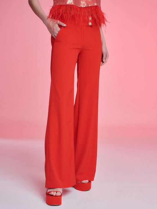 Pop & doll Women's High-waisted Fabric Trousers with Elastic Coral