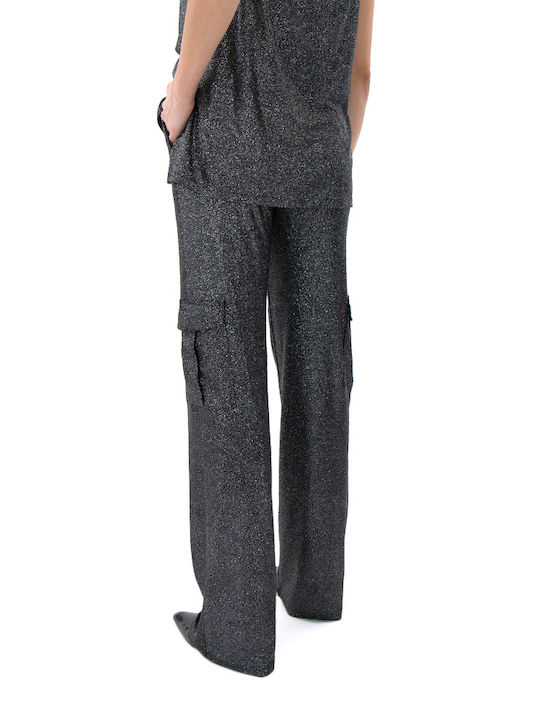 Zoya Pants Damen Hoch tailliert Stoff Cargo Hose mit Gummizug Ασημί-μαύρο