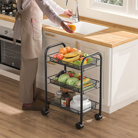 Metallic Kitchen Cart Shelf 3 Shelves 4 Hooks Black 44x26x64cm