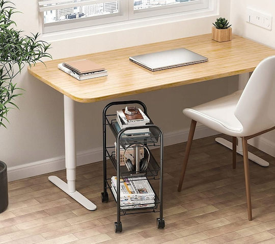 Metallic Kitchen Cart Shelf 3 Shelves 4 Hooks Black 44x26x64cm