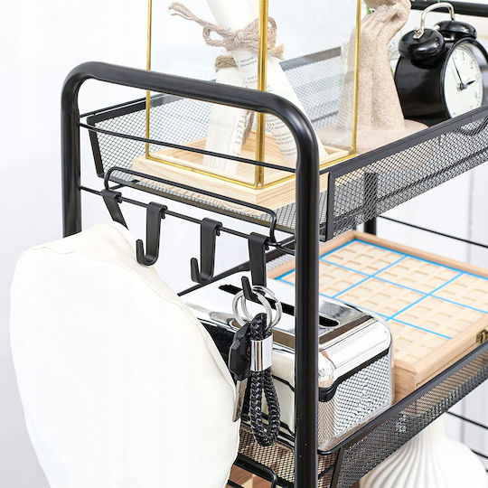 Metallic Kitchen Cart Shelf 3 Shelves 4 Hooks Black 44x26x64cm