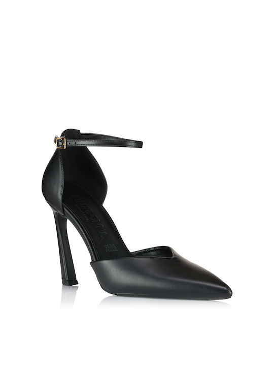 Primadonna Leather Pointed Toe Black Heels with Strap