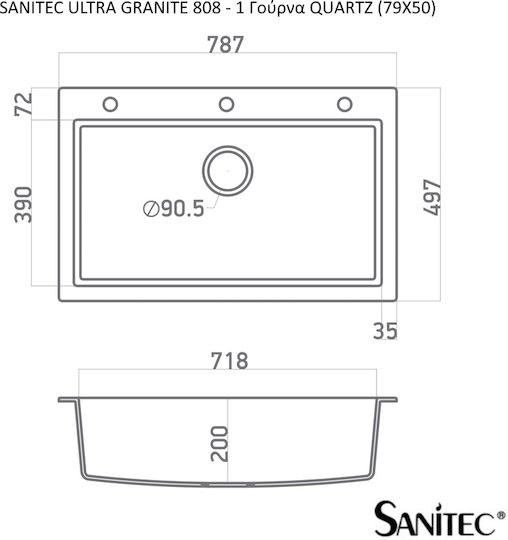 Sanitec Ultra Granite Drop-In Sink Synthetic Granite W79xD50cm Nero