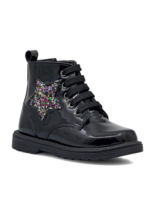 Ricco Mondo Kids Patent Leather Military Boots Black