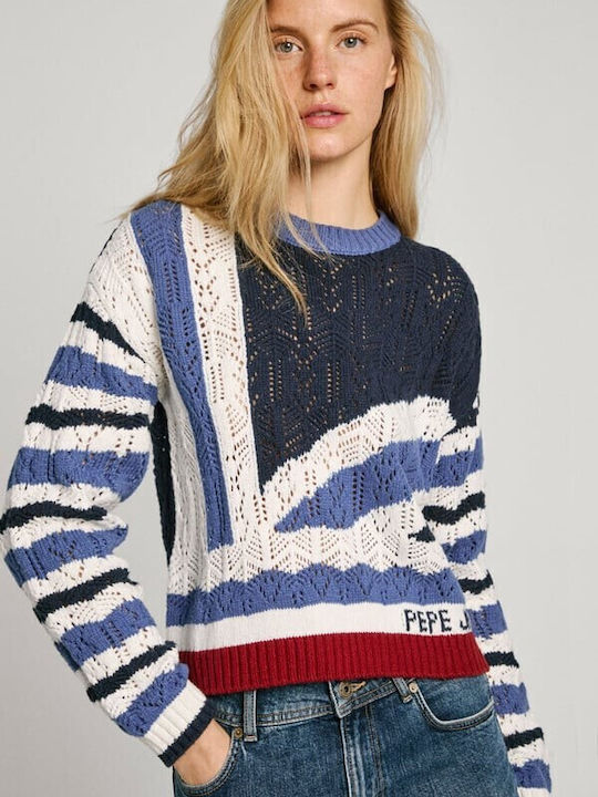 Pepe Jeans Women's Long Sleeve Sweater Cotton Striped Dulwich Blue, Dark Blue