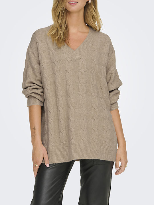 Only Life Women's Long Sleeve Sweater with V Neckline Humus Sandy Brown