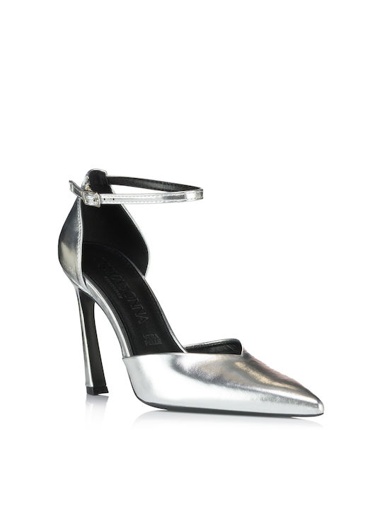 Primadonna Leather Pointed Toe Silver Heels with Strap